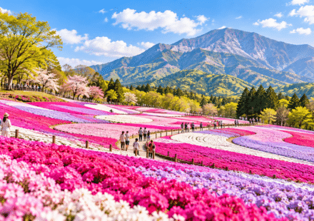 Hitsujiyama Park Guide shibazakura flowers with Mount Buko in Chichibu Saitama Japan