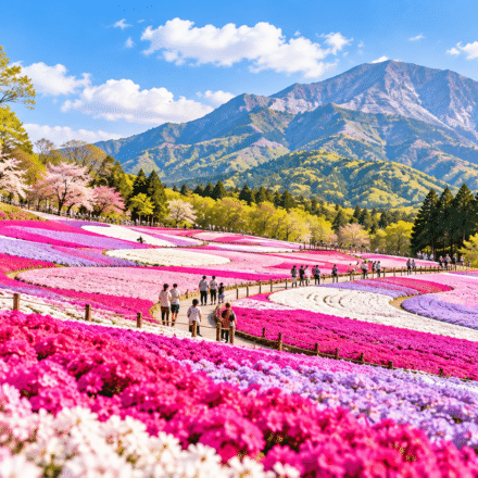 Hitsujiyama Park Guide shibazakura flowers with Mount Buko in Chichibu Saitama Japan