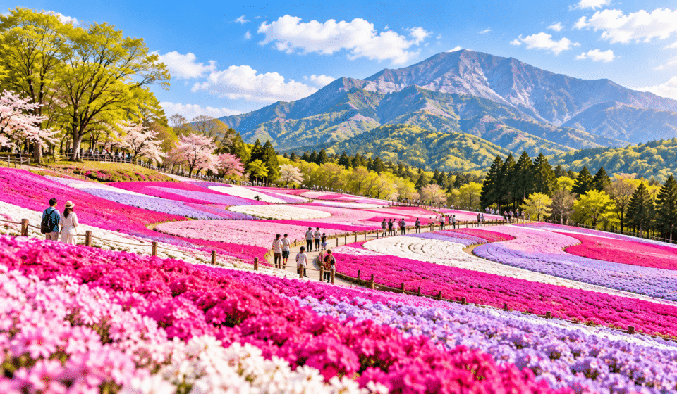 Hitsujiyama Park Guide shibazakura flowers with Mount Buko in Chichibu Saitama Japan