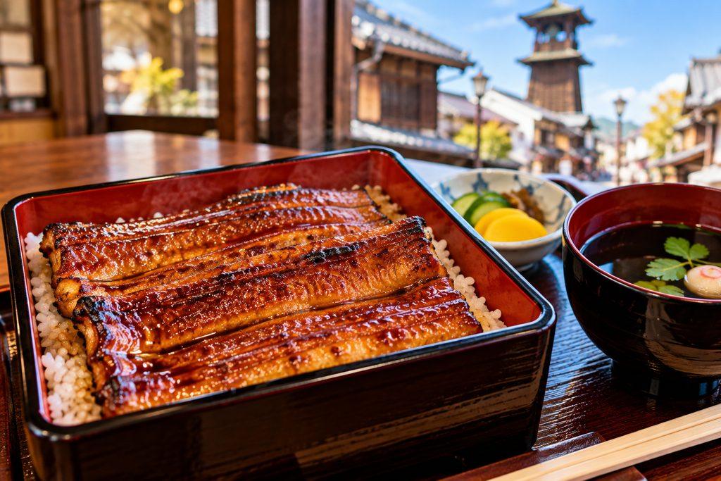 Grilled unagi eel served over rice in Kawagoe, Japan
