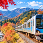 Seibu Railway train traveling through Chichibu, Japan