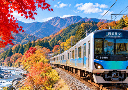 Seibu Railway train traveling through Chichibu, Japan