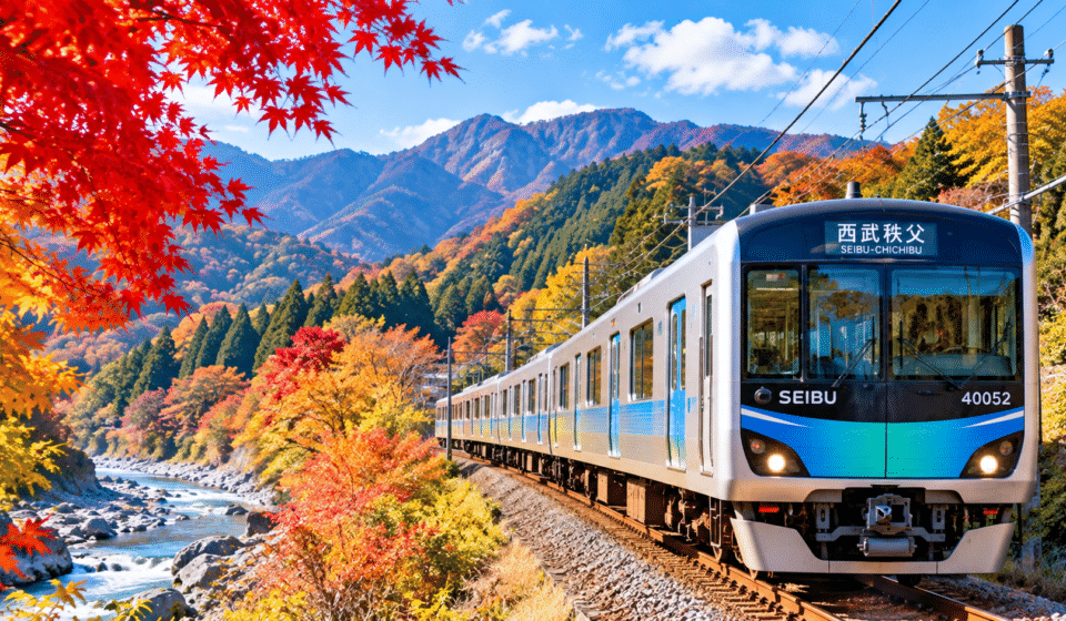 Seibu Railway train traveling through Chichibu, Japan