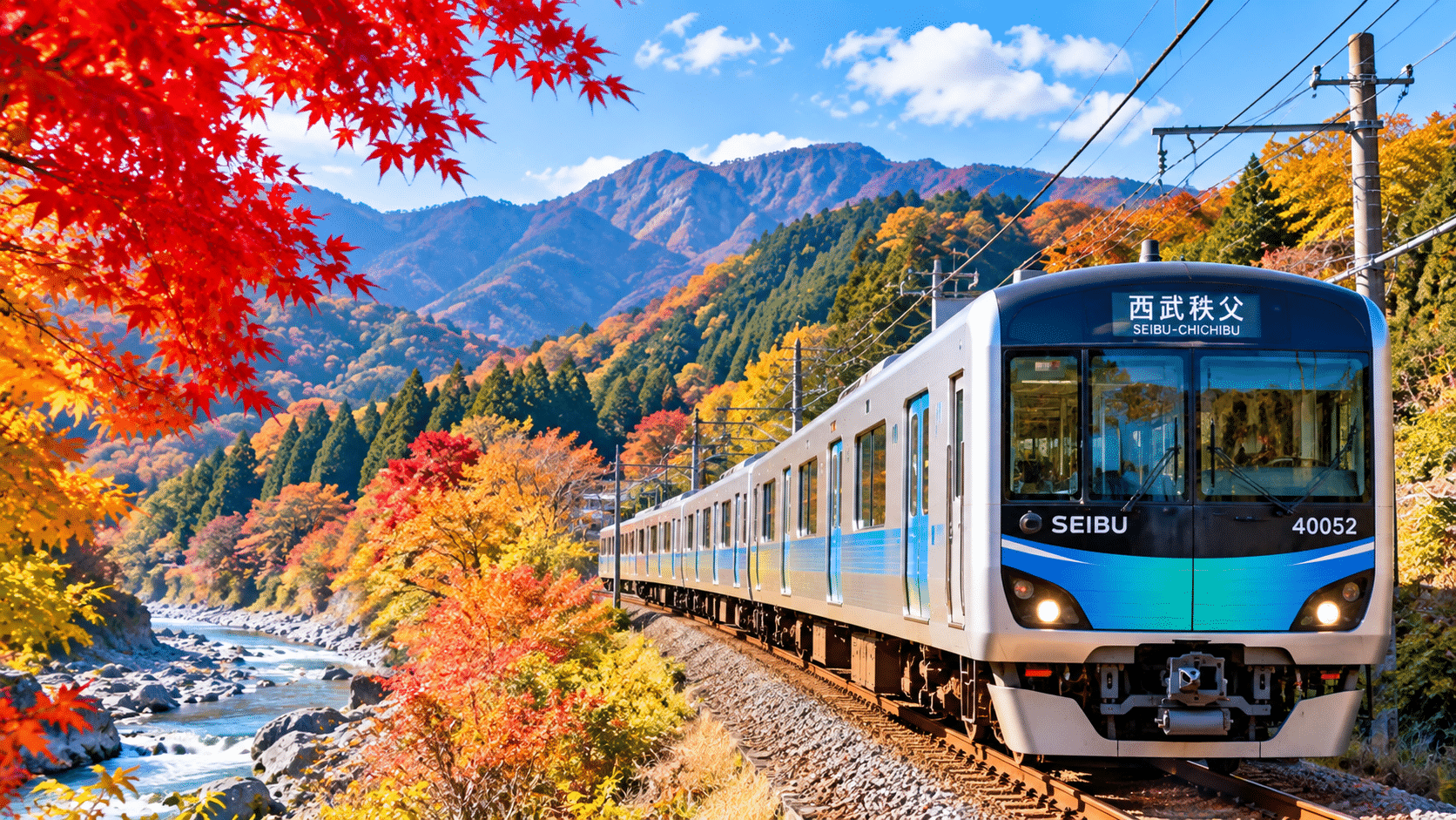 Seibu Railway train traveling through Chichibu, Japan