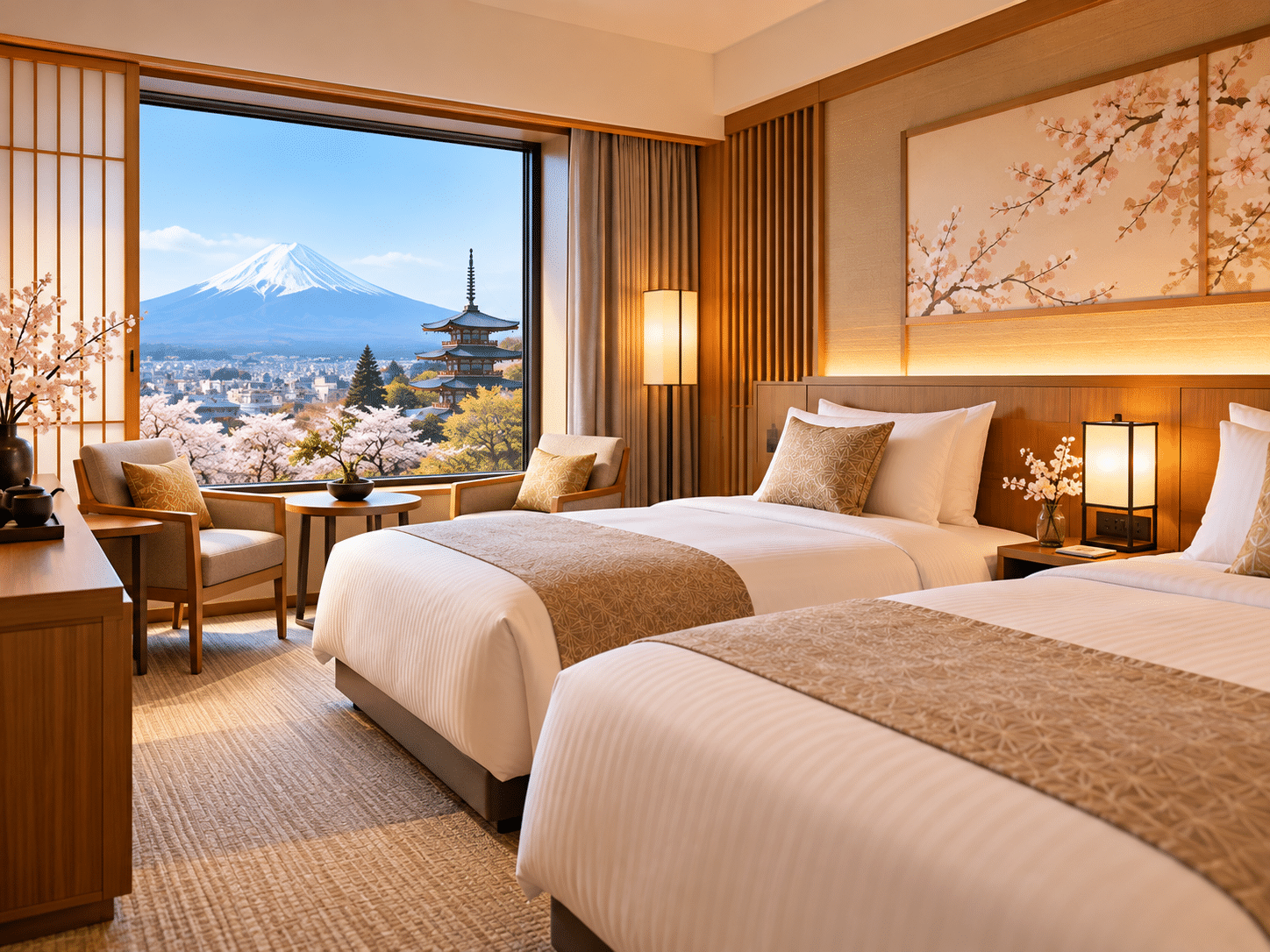 Japanese hotel room with Mount Fuji view