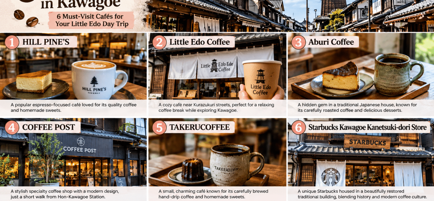 Illustrated overview of six coffee shops in Kawagoe, with coffee scenes and the Little Edo streetscape.