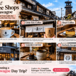 Illustrated overview of six coffee shops in Kawagoe, with coffee scenes and the Little Edo streetscape.