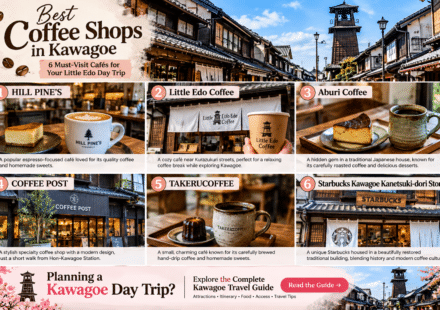 Illustrated overview of six coffee shops in Kawagoe, with coffee scenes and the Little Edo streetscape.