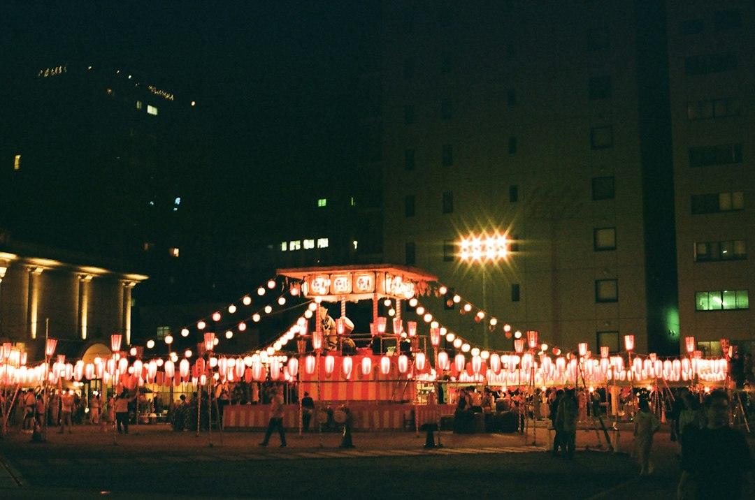 Traditional Japanese night festival illuminated by lanterns