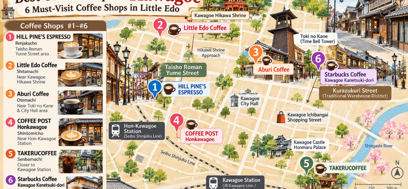 Best coffee shops in Kawagoe map showing six must-visit cafes in Little Edo