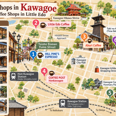Best coffee shops in Kawagoe map showing six must-visit cafes in Little Edo