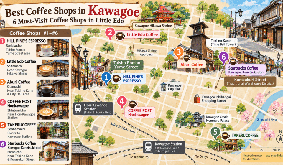 Best coffee shops in Kawagoe map showing six must-visit cafes in Little Edo