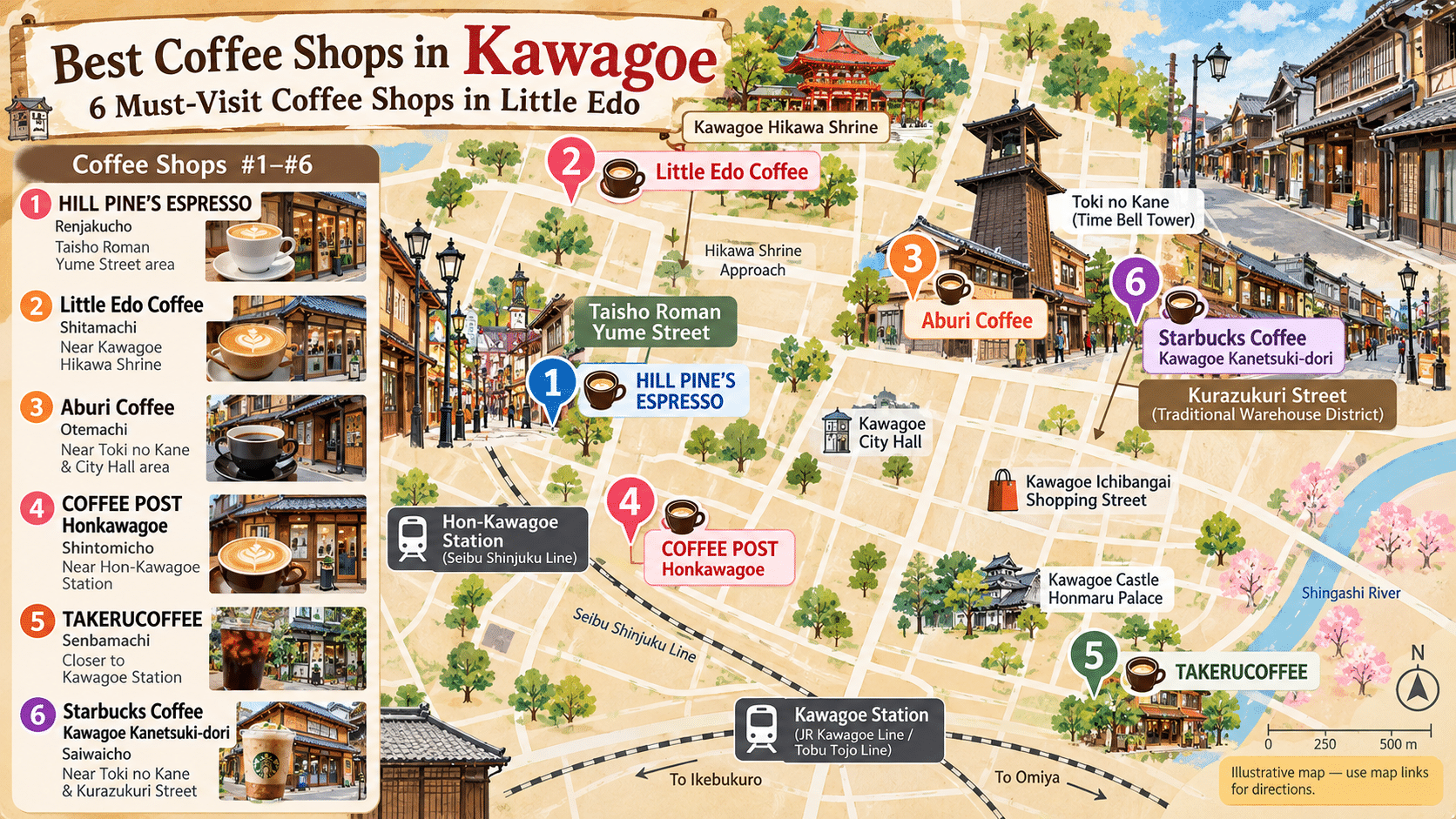 Best coffee shops in Kawagoe map showing six must-visit cafes in Little Edo