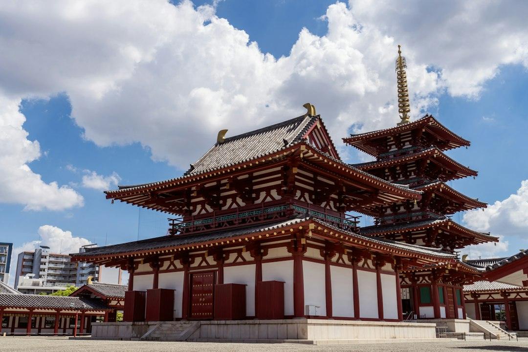 Traditional Japanese temple grounds with a multi-story pagoda