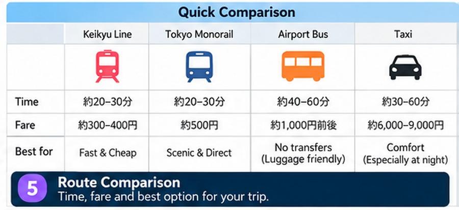 Visual comparison of Haneda Airport transport options